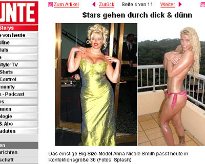 Screenshot: bunte.t-online.de Das einstige Big-Size-Model Anna Nicole Smith passt heute in Konfektionsgröße 36