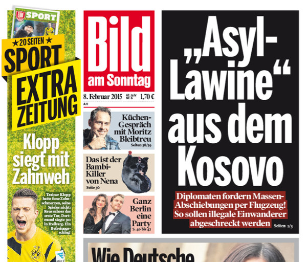 Ausriss Titelseite "Bild am Sonntag" 8.2.2015