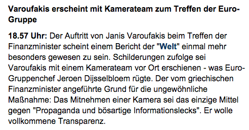 Der Auftritt von Janis Varoufakis beim Treffen der Finanzminister scheint einem Bericht der 