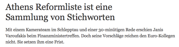 Athens Reformliste ist eine Sammlung von Stichworten. Mit einem Kamerateam im Schlepptau und einer 30-minütigen Rede erschien Janis Varoufakis beim Finanzministertreffen. Doch seine Vorschläge reichen den Euro-Kollegen nicht. Sie setzen ihm eine Frist.
