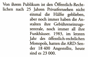 Von ihrem Publikum ist den Öffentlich-Rechtlichen nach 25 Jahren Privatfernsehen nicht einmal die Hälfte geblieben, aber noch immer haben die Anstalten ihre Gebühreneinzugszentrale, noch immer all ihre Funkhäuser. 1983, im letzten Jahr des öffentlich-rechtlichen Monopols, hatten die ARD-Sender 18400 Angestellte, heute sind es 23000.